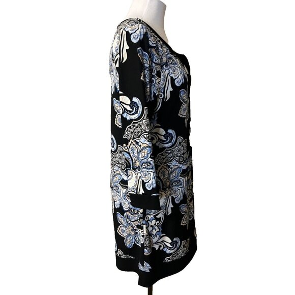 WHBM Dress Black Blue White L Large 3/4 Long Sleeve Stretch Sheath Washable - Picture 5 of 9